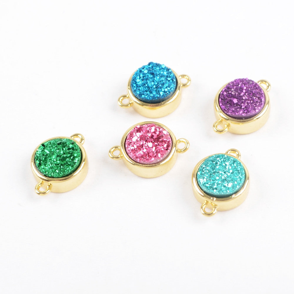 9mm Round Gold Plated Natural Agate Titanium Rainbow Druzy Connector ZG0360