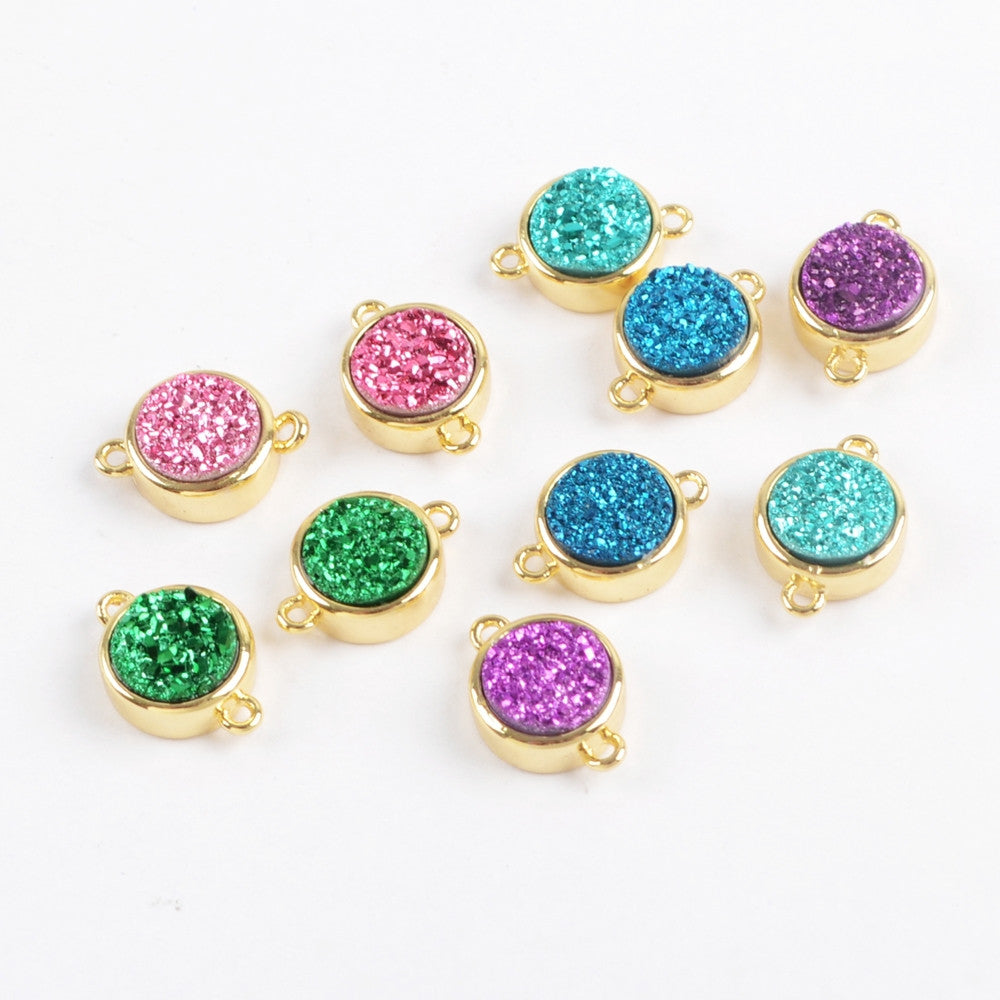 9mm Round Gold Plated Natural Agate Titanium Rainbow Druzy Connector ZG0360