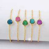 Adjustable Gold Plated Bezel Round Rainbow Titanium Natural Druzy Bracelet ZG0368