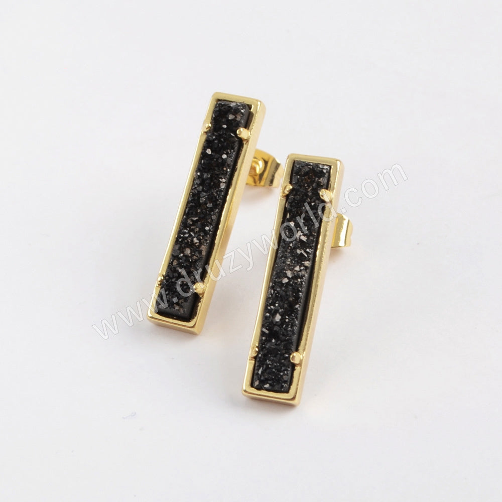 Gold Plated Bezel Rectangle Natural Agate Titanium Druzy Bar Earrings ZG0409