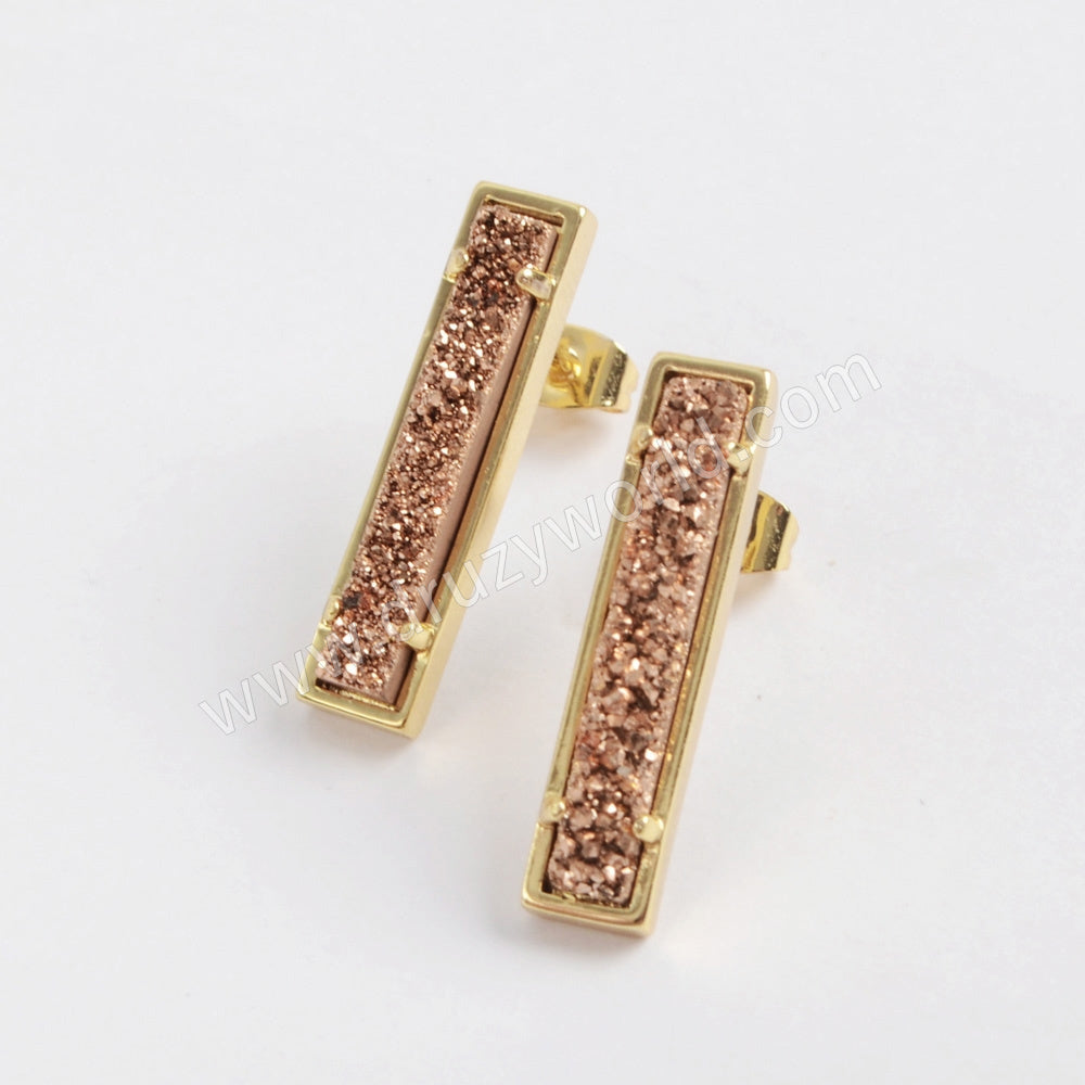 Gold Plated Bezel Rectangle Natural Agate Titanium Druzy Bar Earrings ZG0409