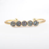 Gold Plated Five Round Natural Agate Titanium Druzy Bangle Bracelet, Crystal Cuff ZG0423