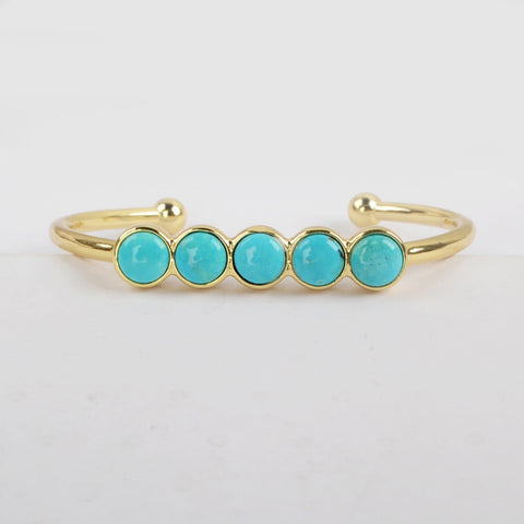 Five Round Natural Turquoise Bangle Bracelet, Gold/Silver Plated Bezel Gemstone Cuff ZG0427