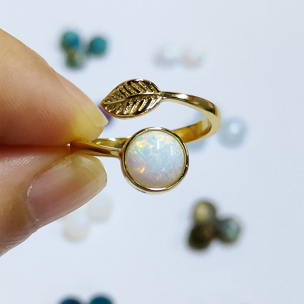 Round Opal Leaf Gold Plated Bezel Ring, Adjustable Size, Opal Fashion Jewelry Ring ZG0437-opal