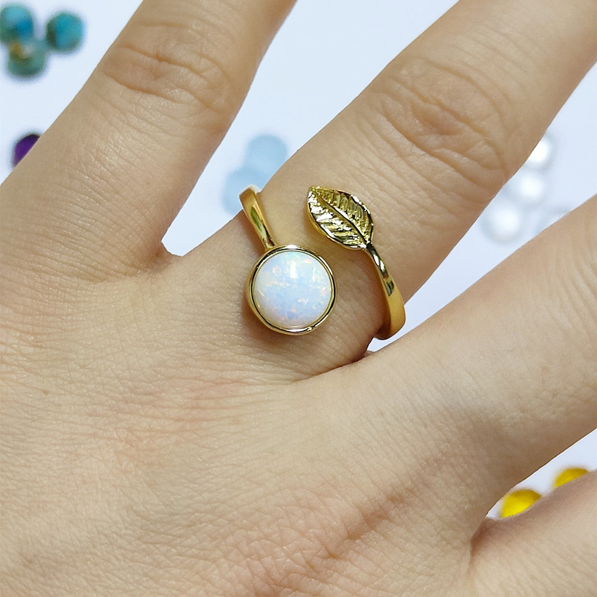 Round Opal Leaf Gold Plated Bezel Ring, Adjustable Size, Opal Fashion Jewelry Ring ZG0437-opal