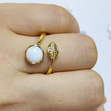 Round Opal Leaf Gold Plated Bezel Ring, Adjustable Size, Opal Fashion Jewelry Ring ZG0533-opal