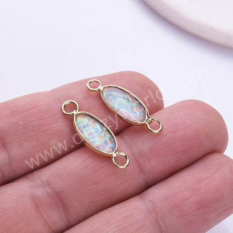 Gold Plated Oval White Opal Faceted Connector Charm For Jewelry Making ZG0445-2