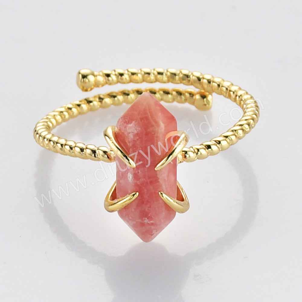 Gold Plated Claw Rainbow Natural Gemstone Ring, Adjustable, Terminated Point, Hexagon Faceted Healing Crystal Stone Ring, Birthstone Ring Jewelry ZG0482