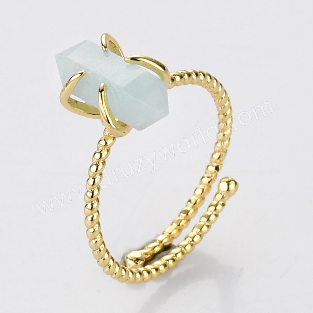 Gold Plated Claw Rainbow Natural Gemstone Ring, Adjustable, Terminated Point, Hexagon Faceted Healing Crystal Stone Ring, Birthstone Ring Jewelry ZG0482
