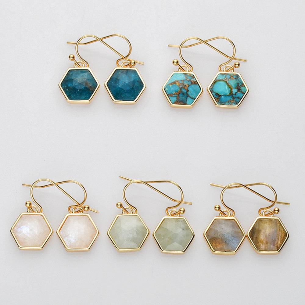 Gold Plated Hexagon Moonstone Earrings, Faceted Gemstone Earrings, Healing Crystal Jewelry ZG0503