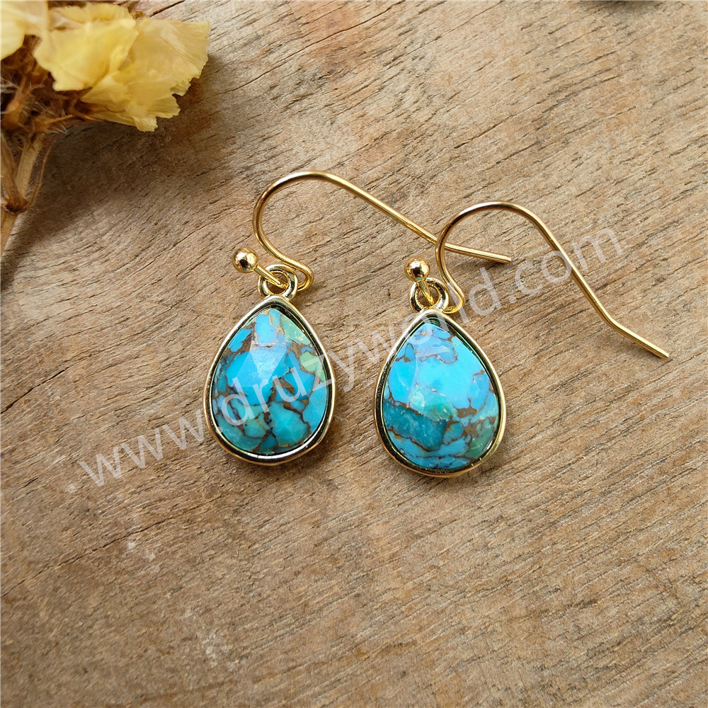 Gold Plated Teardrop Copper Turquoise Earrings, Faceted Gemstone Crystal Earring, Birthstone Jewelry ZG0505