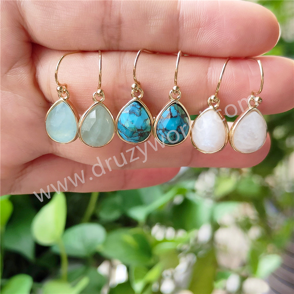 Gold Plated Teardrop Copper Turquoise Earrings, Faceted Gemstone Crystal Earring, Birthstone Jewelry ZG0505