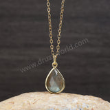 16" Gold Bezel Gemstone Drop Pendant Necklace, Natural Labradorite Copper Turquoise Moonstone Necklace ZG0508