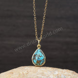 16" Gold Bezel Gemstone Drop Pendant Necklace, Natural Labradorite Copper Turquoise Moonstone Necklace ZG0508