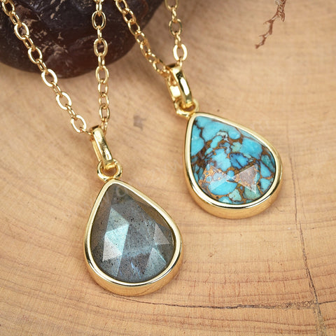 16" Gold Bezel Gemstone Drop Pendant Necklace, Natural Labradorite Copper Turquoise Moonstone Necklace ZG0508