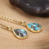 16" Gold Bezel Gemstone Drop Pendant Necklace, Natural Labradorite Copper Turquoise Moonstone Necklace ZG0508