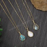 16" Gold Bezel Gemstone Drop Pendant Necklace, Natural Labradorite Copper Turquoise Moonstone Necklace ZG0508