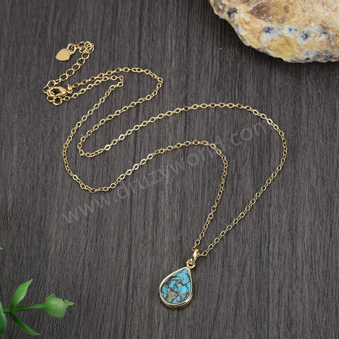 16" Gold Bezel Gemstone Drop Pendant Necklace, Natural Labradorite Copper Turquoise Moonstone Necklace ZG0508