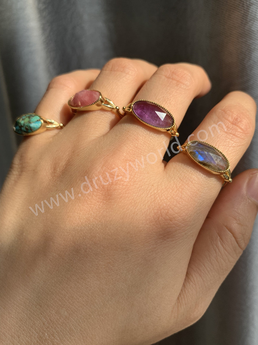 Gold Plated Oval Birthstone Gemstone Faceted Ring, Healing Boho Crystal Jewlery ZG0509