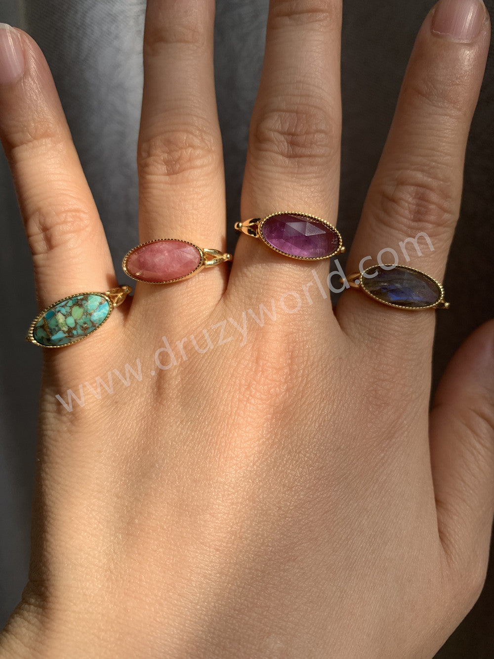 Gold Plated Oval Birthstone Gemstone Faceted Ring, Healing Boho Crystal Jewlery ZG0509