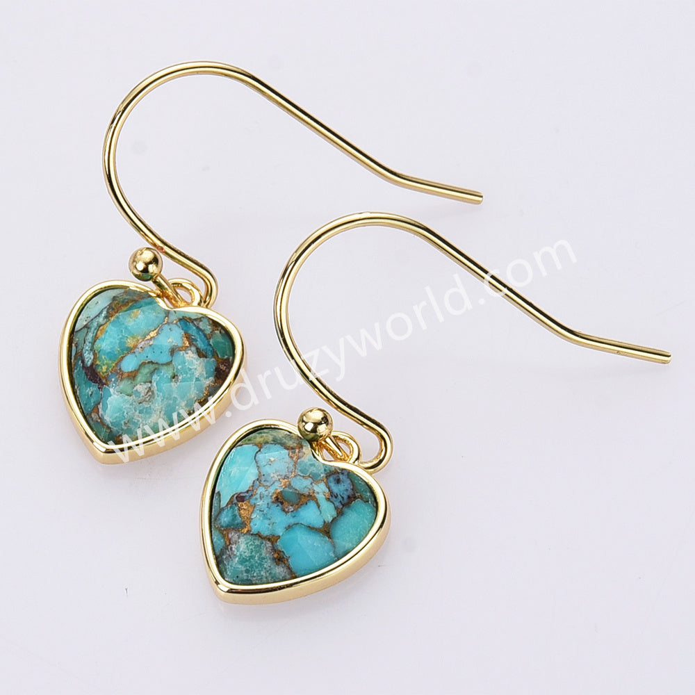 gold copper turquoise heart earrings
