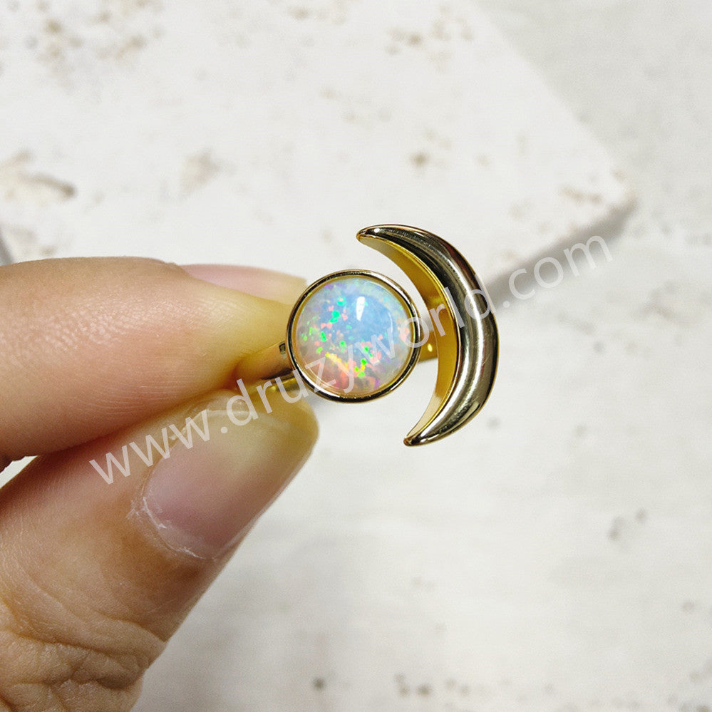 Gold Plated Bezel Round White Opal Druzy Crescent Moon Adjustable Ring ZG0511