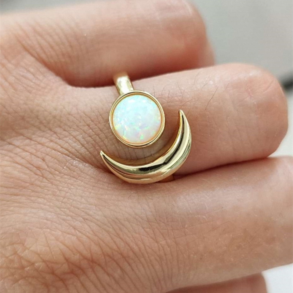 Gold Plated Bezel Round White Opal Druzy Crescent Moon Adjustable Ring ZG0511