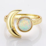 Gold Plated Bezel Round White Opal Druzy Crescent Moon Adjustable Ring ZG0511