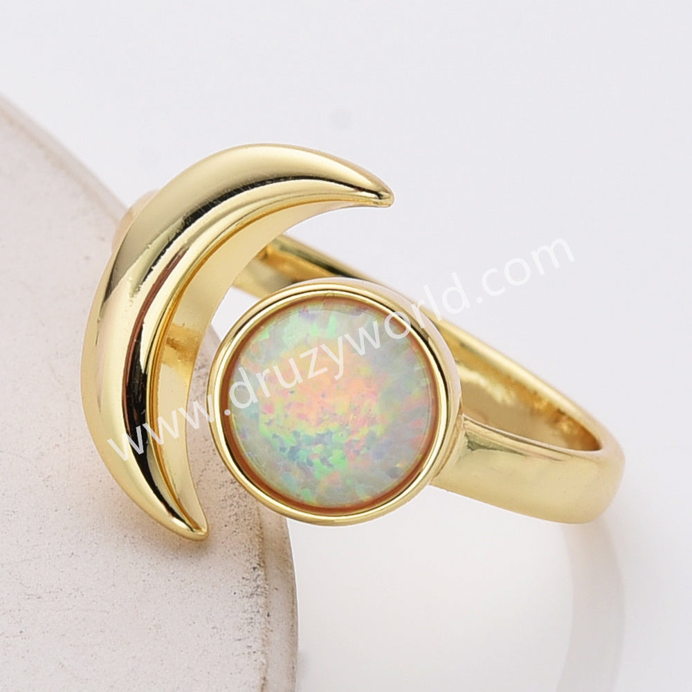 Gold Plated Bezel Round White Opal Druzy Crescent Moon Adjustable Ring ZG0511