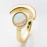 Gold Plated Bezel Round White Opal Druzy Crescent Moon Adjustable Ring ZG0511