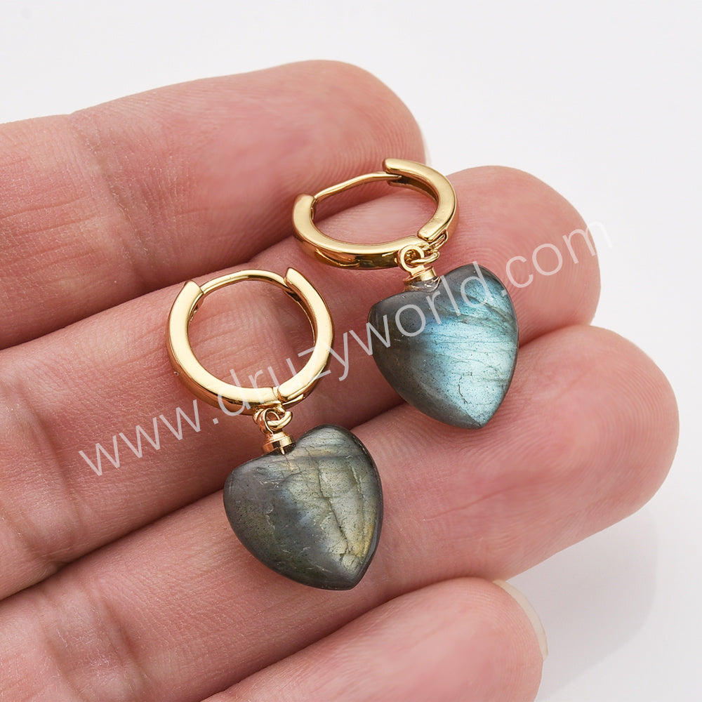 Gold Plated Amazonite Gemstone Heart Dangle Earrings, Healing Crystal Stone Jewelry Earrings ZG0512