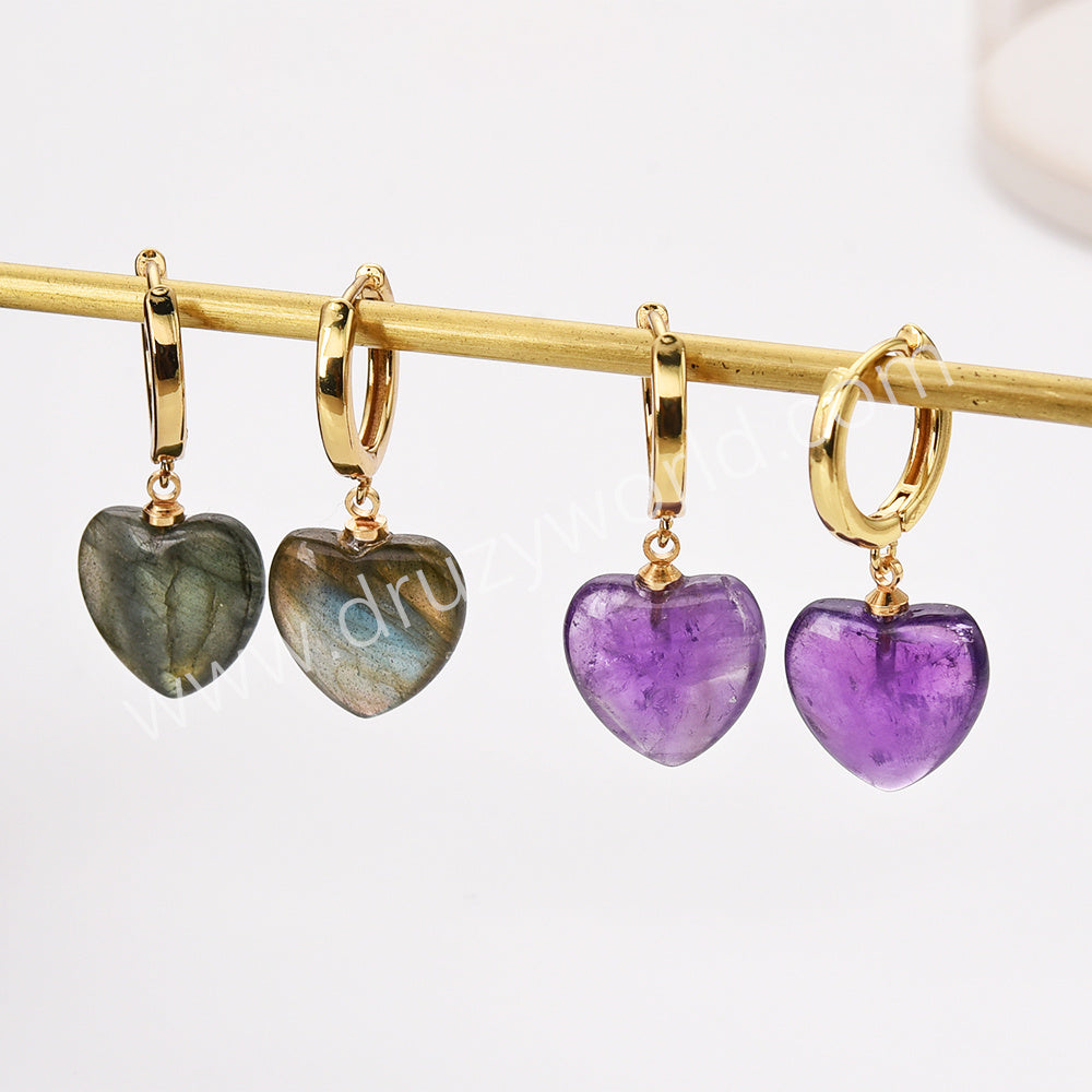 Gold Plated Amazonite Gemstone Heart Dangle Earrings, Healing Crystal Stone Jewelry Earrings ZG0512