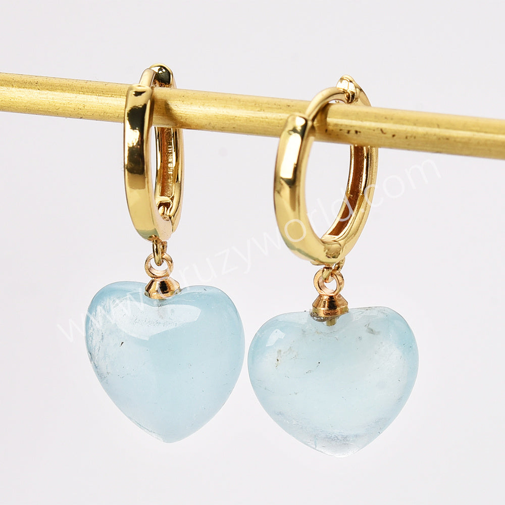 Gold Plated Amazonite Gemstone Heart Dangle Earrings, Healing Crystal Stone Jewelry Earrings ZG0512