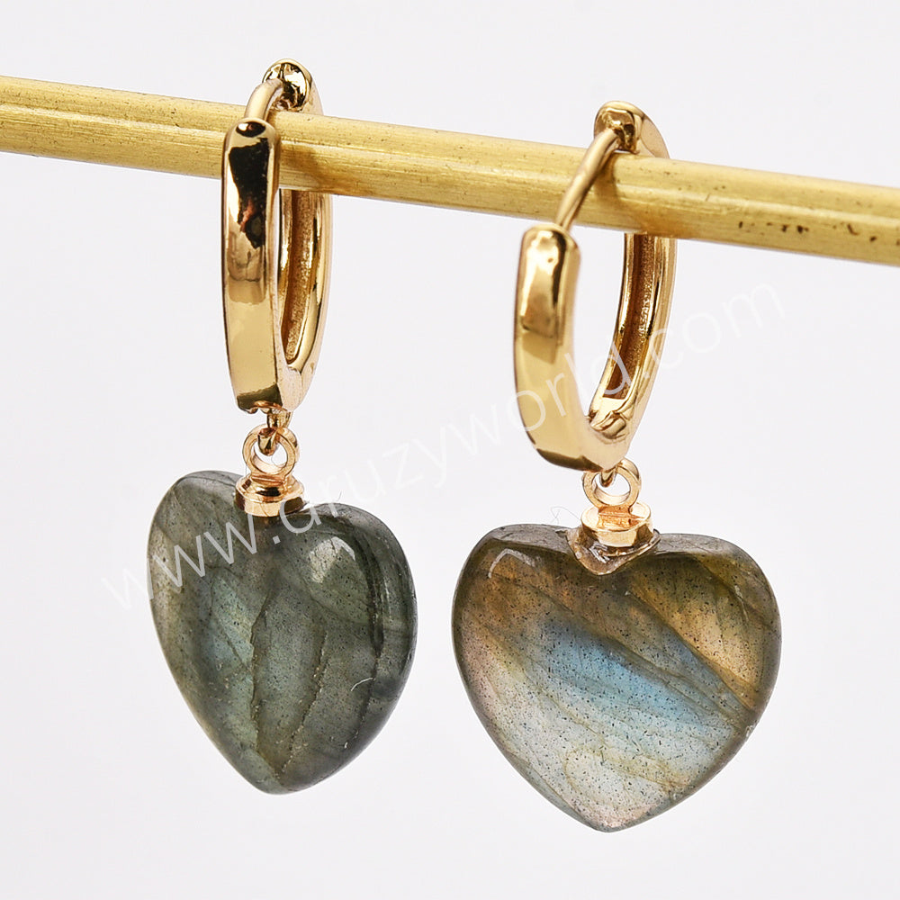 Gold Plated Amazonite Gemstone Heart Dangle Earrings, Healing Crystal Stone Jewelry Hoop Earrings ZG0512