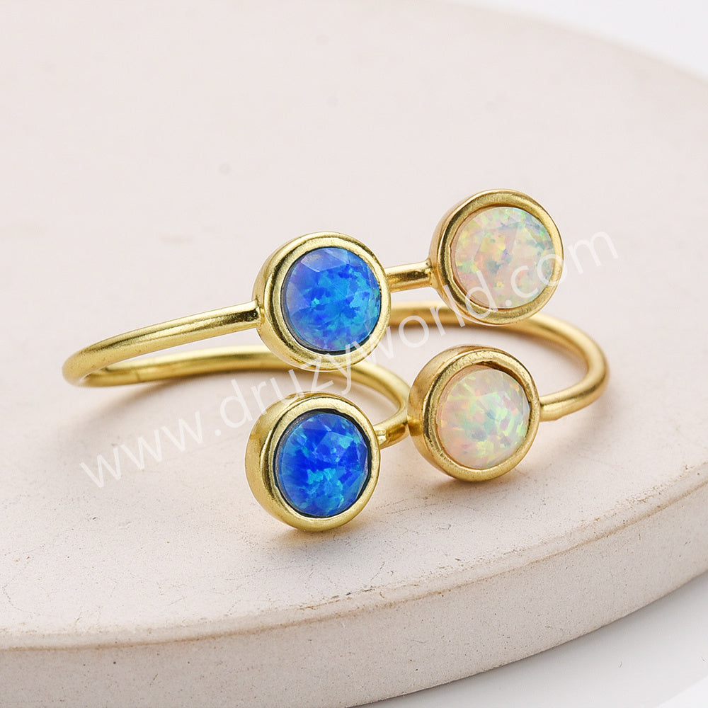 Gold Plated Bezel Round Opal Faceted Ring, Adjustable, October Birthstone Opal Jewelry ZG0513