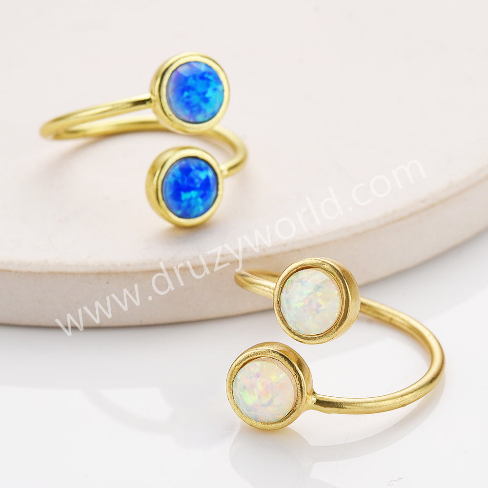 Gold Plated Bezel Round Opal Faceted Ring, Adjustable, October Birthstone Opal Jewelry ZG0513