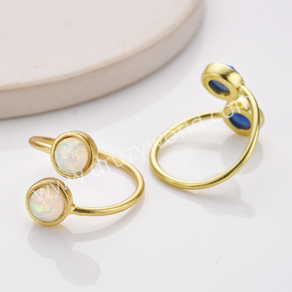 Gold Plated Bezel Round Opal Faceted Ring, Adjustable, October Birthstone Opal Jewelry ZG0513