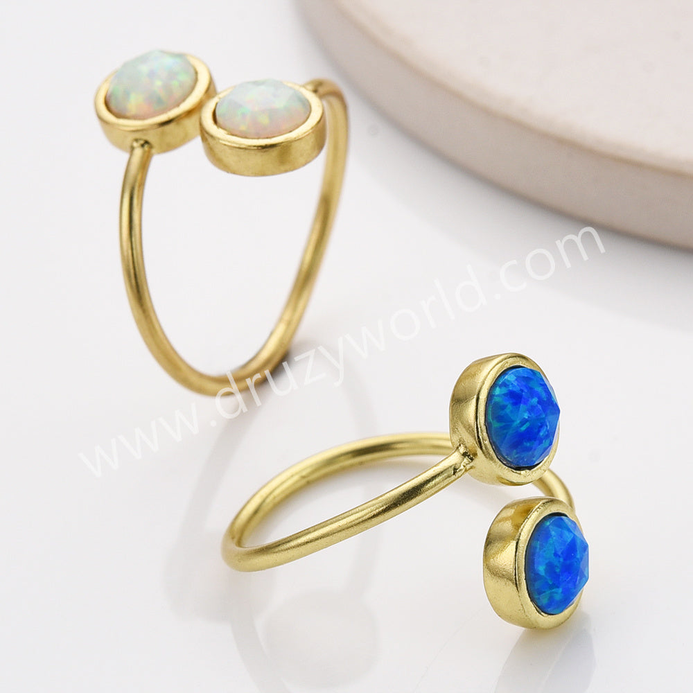 Gold Plated Bezel Round Opal Faceted Ring, Adjustable, October Birthstone Opal Jewelry ZG0513