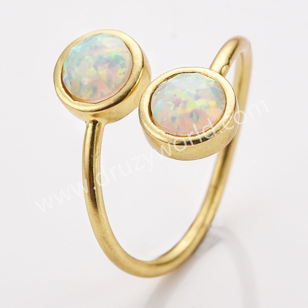 Gold Plated Bezel Round Opal Faceted Ring, Adjustable, October Birthstone Opal Jewelry ZG0513