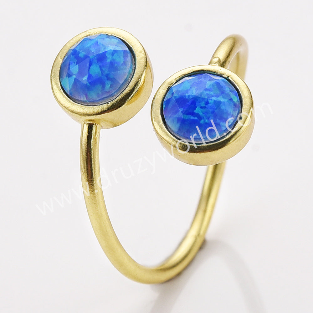 Gold Plated Bezel Round Opal Faceted Ring, Adjustable, October Birthstone Opal Jewelry ZG0513