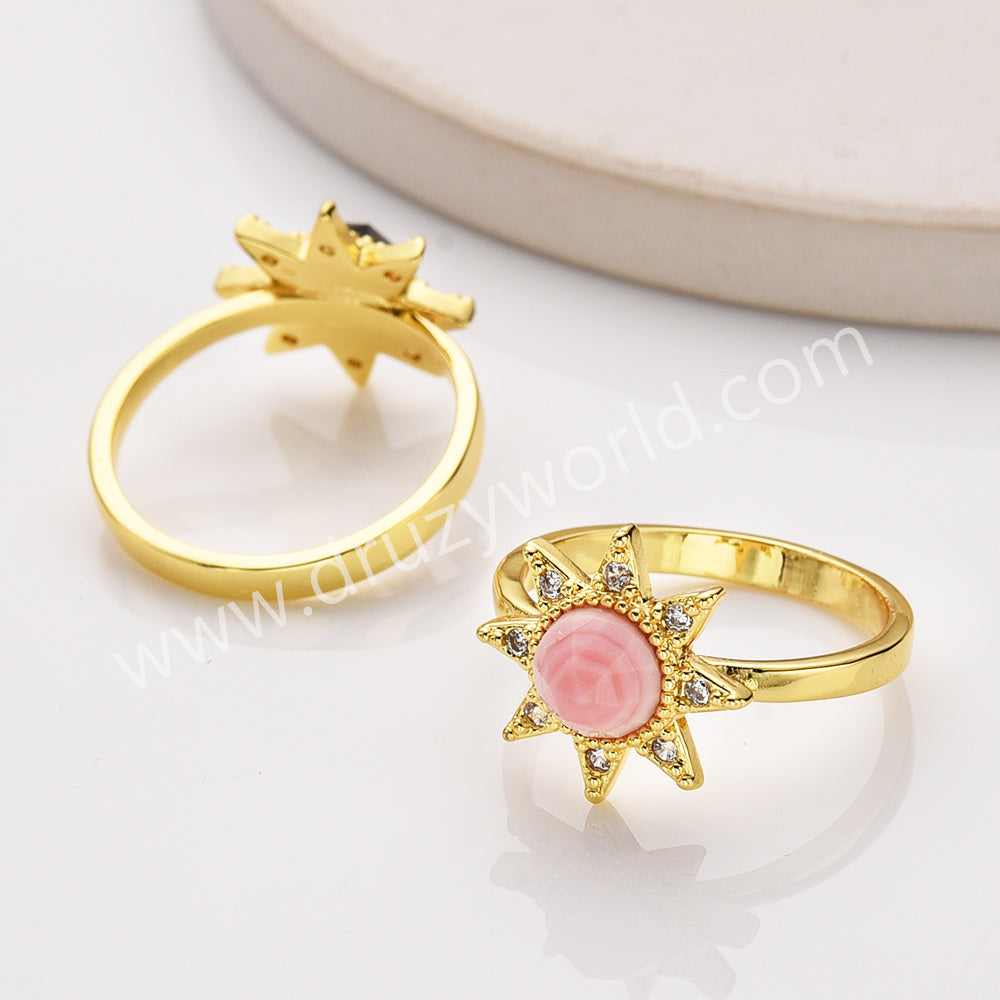 Star Gold Plated CZ Micro Pave Natural Gemstone Faceted Crystal Stone Ring, Birthstone Jewelry Ring ZG0514