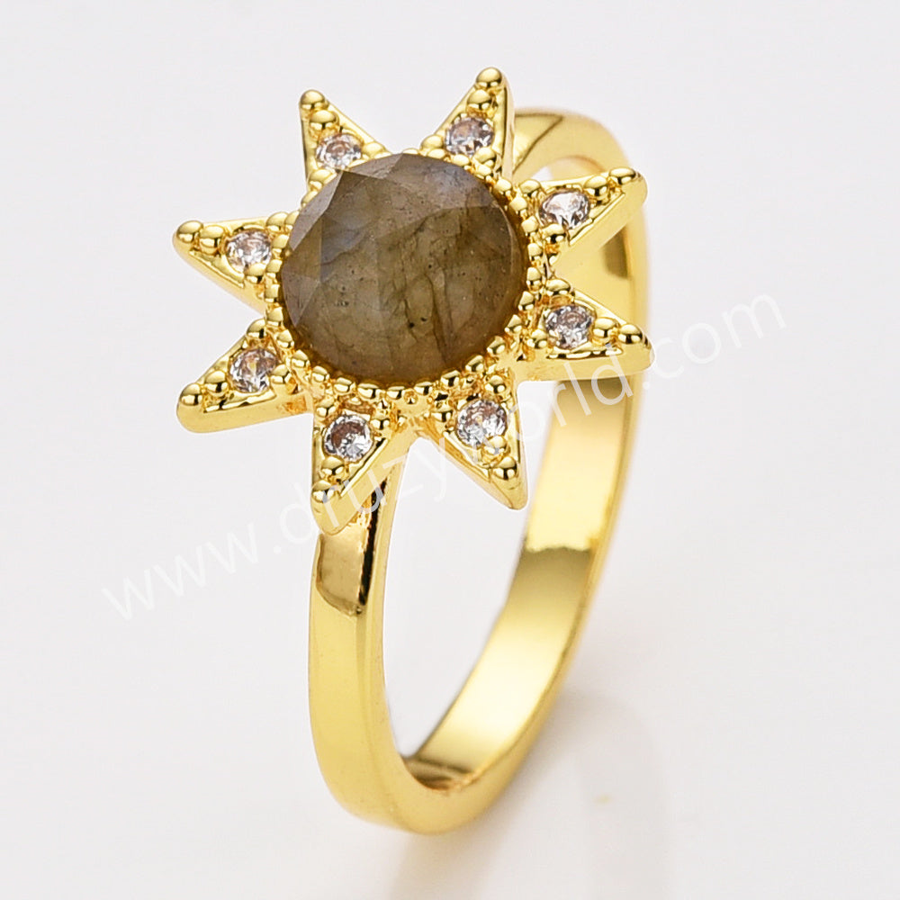 Star Gold Plated CZ Micro Pave Natural Gemstone Faceted Crystal Stone Ring, Birthstone Jewelry Ring ZG0514