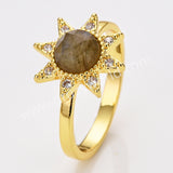 Star Gold Plated CZ Micro Pave Natural Gemstone Faceted Ring, Crystal Stone Birthstone Jewelry Adjustable Ring ZG0514