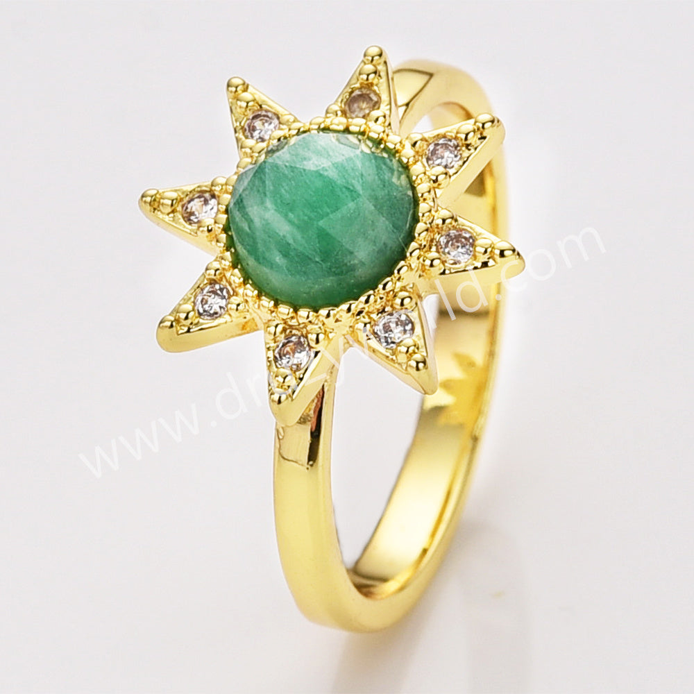 Star Gold Plated CZ Micro Pave Natural Gemstone Faceted Crystal Stone Ring, Birthstone Jewelry Ring ZG0514