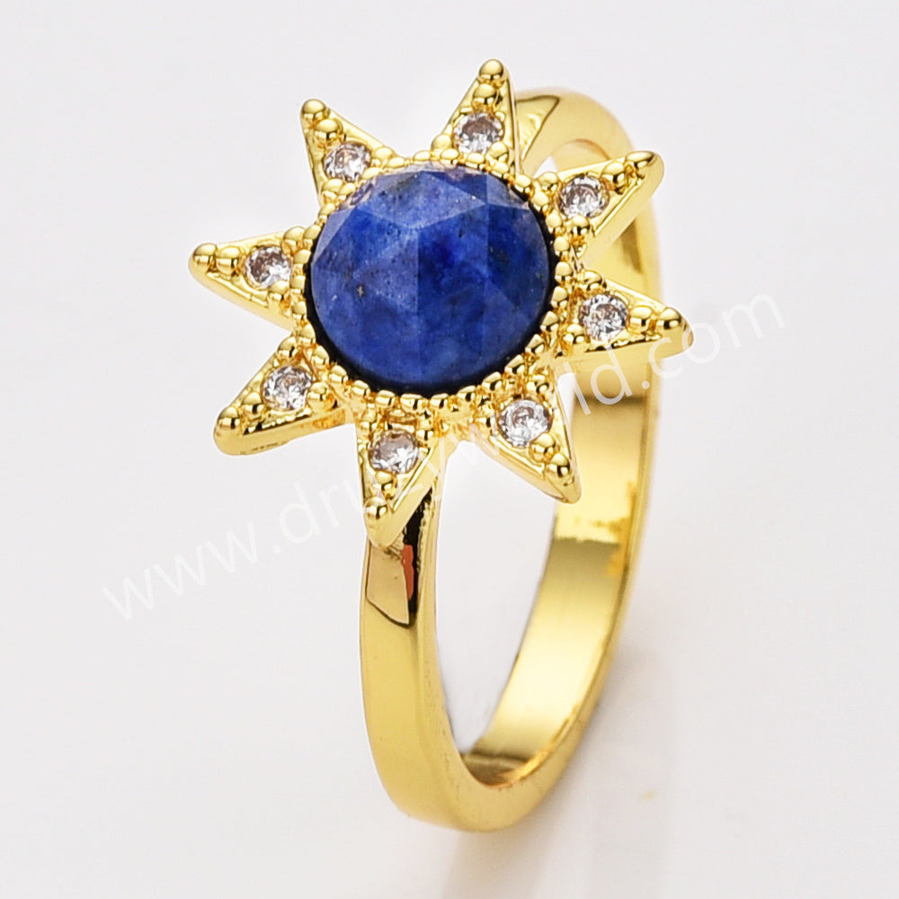 Star Gold Plated CZ Micro Pave Natural Gemstone Faceted Crystal Stone Ring, Birthstone Jewelry Ring ZG0514