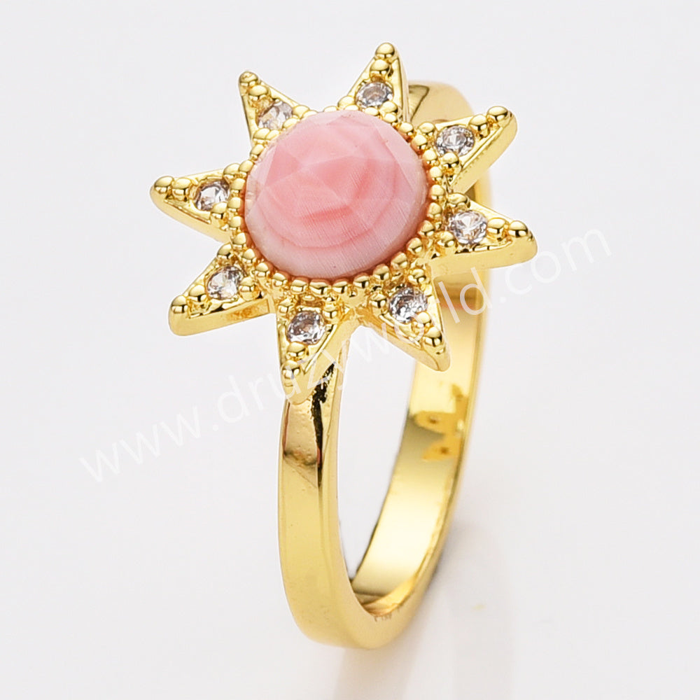 Star Gold Plated CZ Micro Pave Natural Gemstone Faceted Crystal Stone Ring, Birthstone Jewelry Ring ZG0514