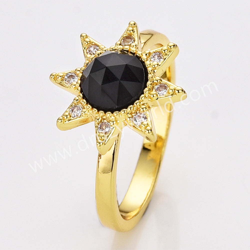 Star Gold Plated CZ Micro Pave Natural Gemstone Faceted Crystal Stone Ring, Birthstone Jewelry Ring ZG0514