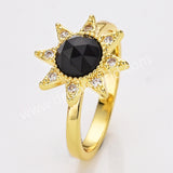 Star Gold Plated CZ Micro Pave Natural Gemstone Faceted Ring, Crystal Stone Birthstone Jewelry Adjustable Ring ZG0514