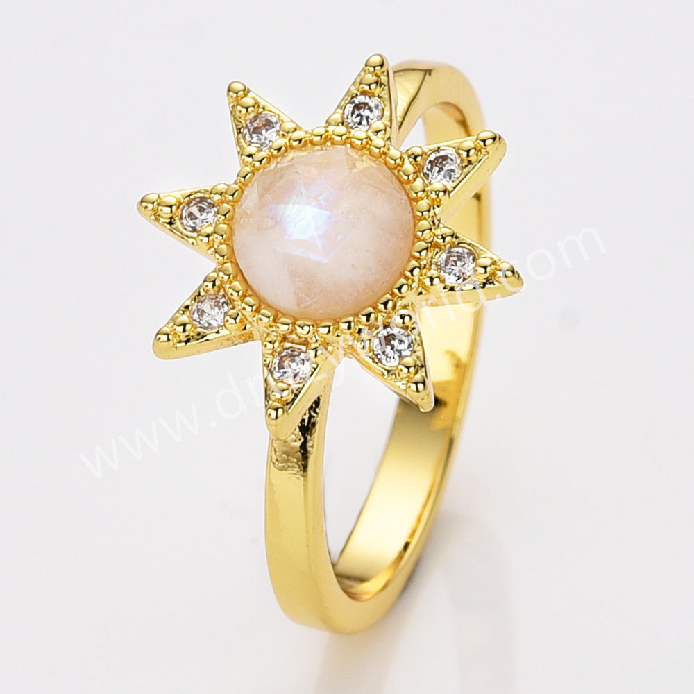 Star Gold Plated CZ Micro Pave Natural Gemstone Faceted Crystal Stone Ring, Birthstone Jewelry Ring ZG0514