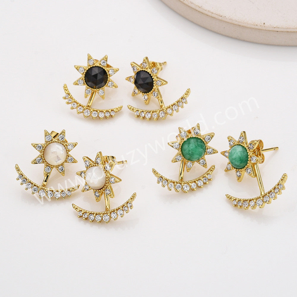 Gold Plated Bezel CZ Micro Pave Gemstone Faceted Crescent Star Stud Earrings, Birthstone Earrings, Healing Crystal Boho Jewelry ZG0515